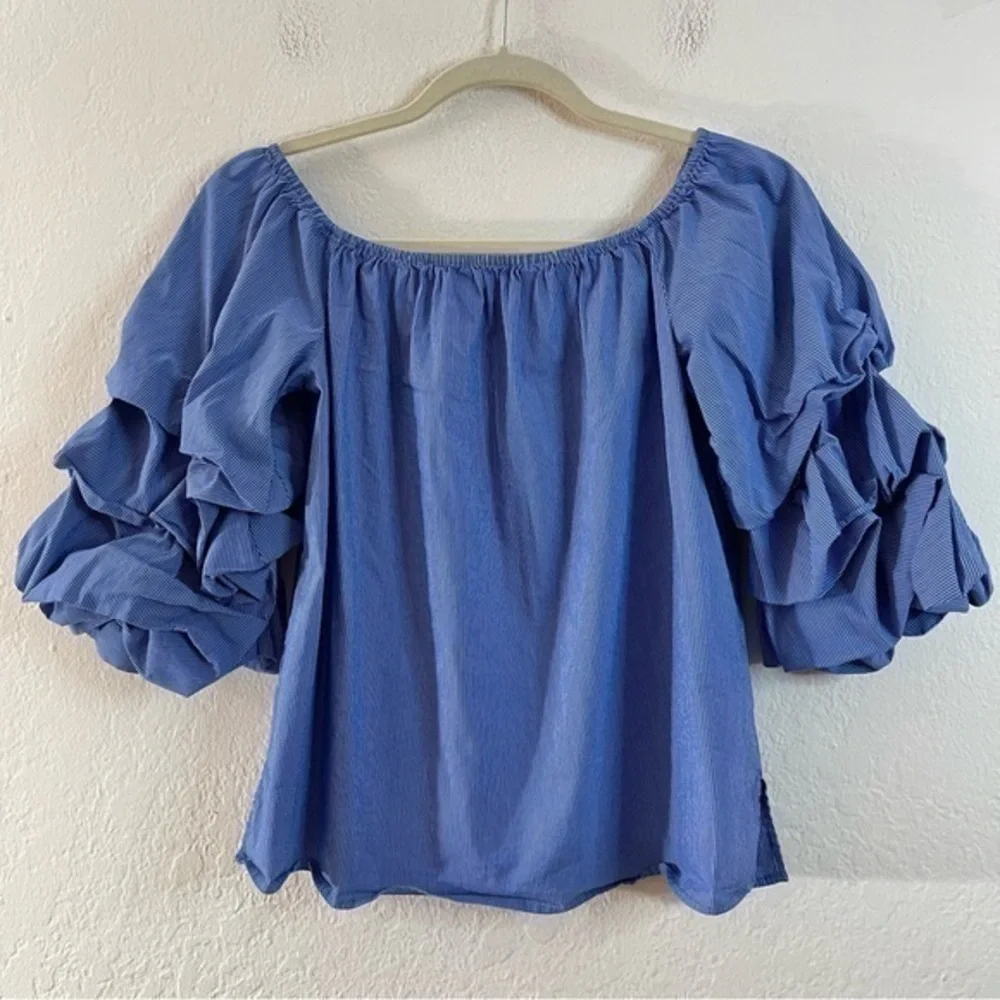 Zara Puff Sleeve Pinstripe Off Shoulder Blouse Women Size Small Blue/White Boho